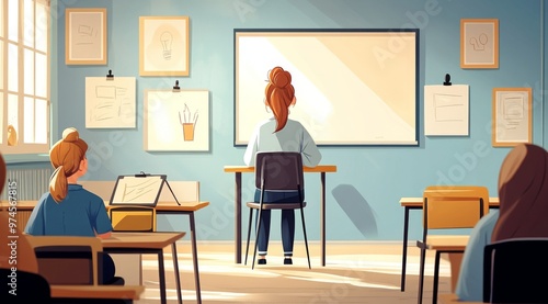 A quiet classroom moment with a focused student gazing at a blank board while classmates engage in their artistic pursuits in a sunlit environment