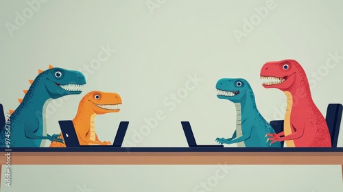 Fototapeta Naklejka Na Ścianę i Meble -  Business concept in minimal of Dinosaurs attending business meeting, boardroom setting, laptops on table, Copy space for stock photo, no text, no logo, flat design illustration