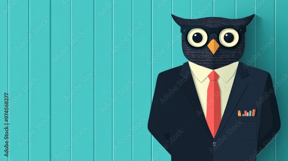 Business concept in minimal of Wise owl in business suit, analyzing charts and graphs, professional office setting, Copy space for stock photo, no text, no logo, flat design illustration Business concept in minimal of Wise owl in business suit, analyzing charts and graphs, professional office setting, Copy space for stock photo, no text, no logo, flat design illustration