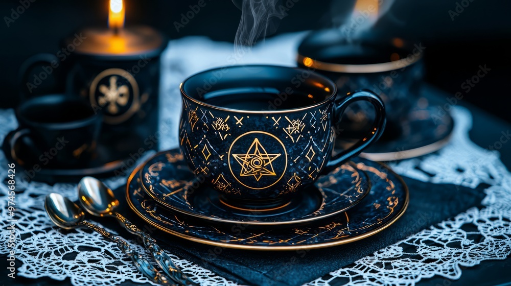 Elegant black coffee cup with intricate design, steam rising, set against a dark background, ideal for cozy ambiance. Elegant black coffee cup with intricate design, steam rising, set against a dark background, ideal for cozy ambiance.