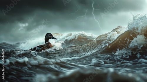 A brave duck navigating turbulent waves during a fierce storm with dark clouds and lightning in the distance. photo