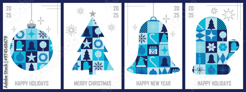 Merry Christmas and New Year poster templates set. Seasons greeting cards with modern geometric pattern. Vector illustration