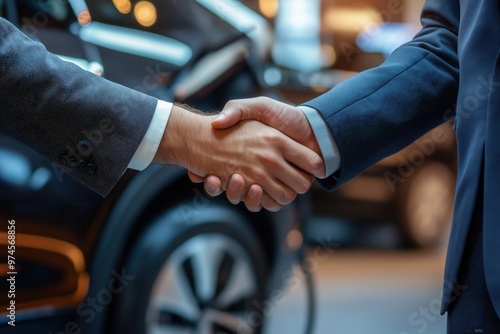 Business Handshake in Front of Electric Car Symbolizing Automotive Deal