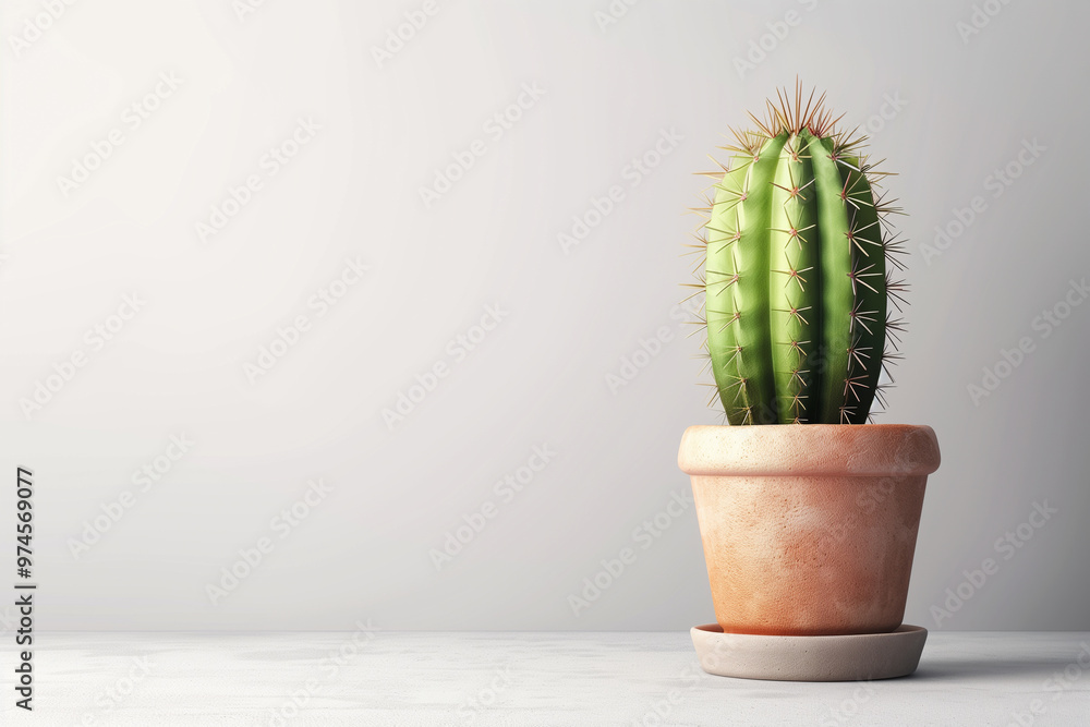 A tall green cactus in terracotta pot sits elegantly on light surface, showcasing its sharp spines and unique shape, adding touch of nature to minimalist decor. A tall green cactus in terracotta pot sits elegantly on light surface, showcasing its sharp spines and unique shape, adding touch of nature to minimalist decor.