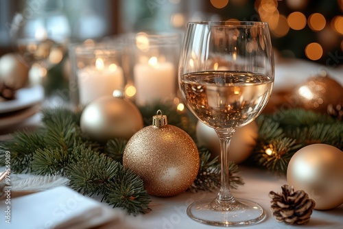 elegant christmas table setting with pine branches gold ornaments and flickering candles soft bokeh lights in background