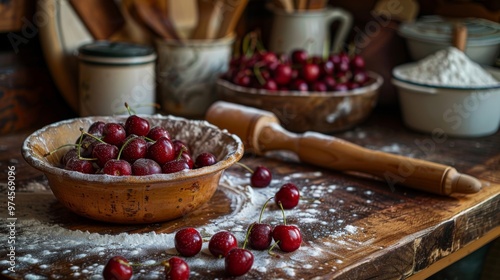 Rustic kitchen scene with cherries in a bowl and flour on the table. Perfect for baking enthusiasts and food photography lovers.