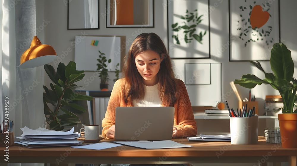 Young woman working on laptop at a desk with plants and sunlight streaming in Young woman working on laptop at a desk with plants and sunlight streaming in