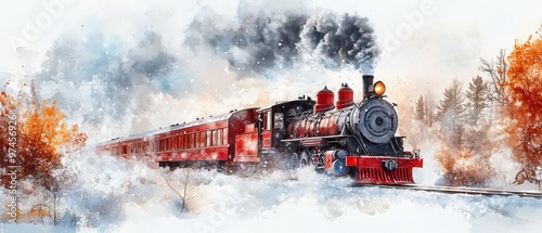 A classic steam train chugs through a snowy landscape, surrounded by vibrant autumn trees, evoking nostalgia and adventure, watercolor style