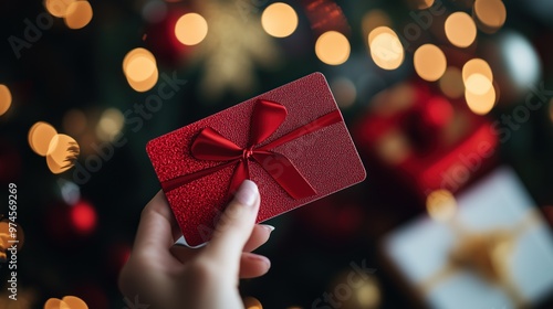 A person holding a red gift card in front of a beautifully decorated Christmas tree at night