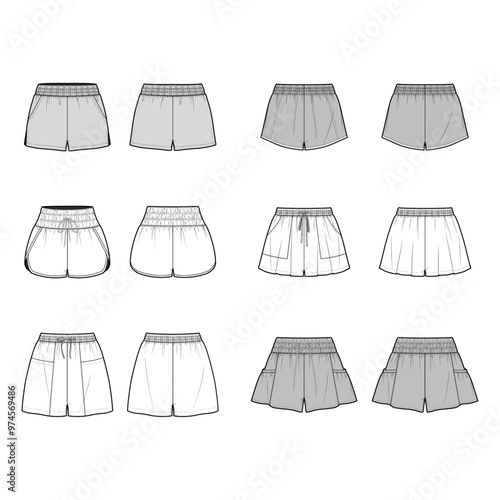 Technical flat sketch set of loose-fit sweat shorts. Boxy sports shorts featuring an elasticated waistband and drawstring. Tracksuit-style sweat shorts in a relaxed pull-on fit.