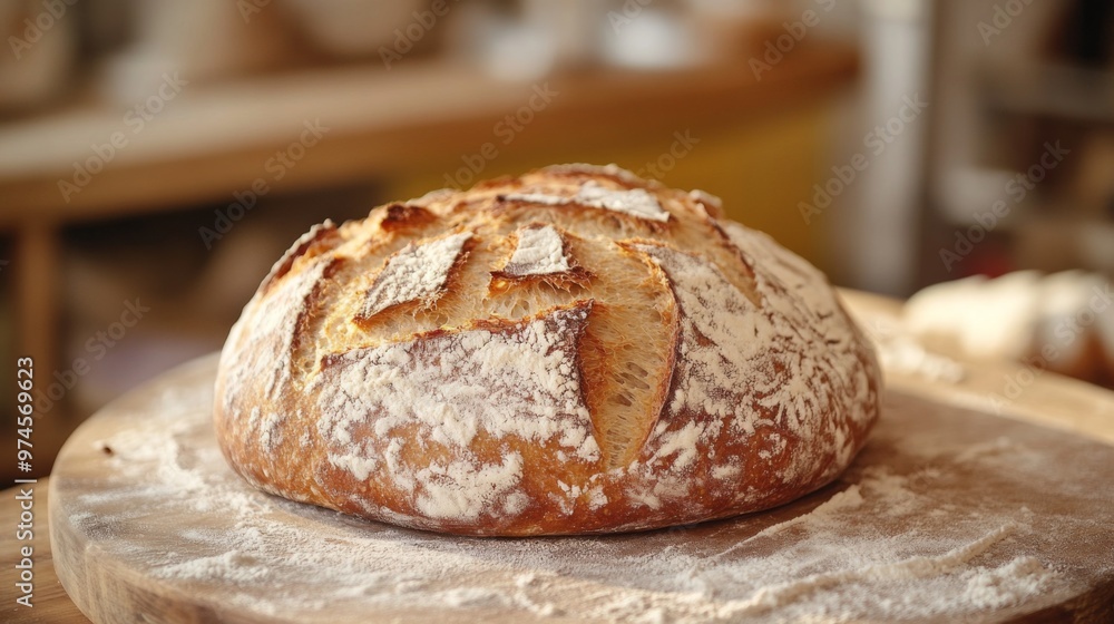 A crusty, round loaf of bread with artisanal scoring patterns on the top, placed on a floured wooden board. The close-up view captures the delicate details of the craftsmanship. A crusty, round loaf of bread with artisanal scoring patterns on the top, placed on a floured wooden board. The close-up view captures the delicate details of the craftsmanship.