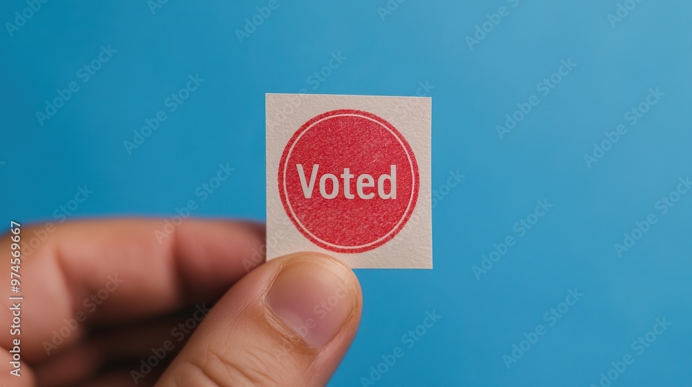 A hand holding a 'Voted' sticker against a vibrant blue background, symbolizing civic engagement and participation in democracy. A hand holding a 'Voted' sticker against a vibrant blue background, symbolizing civic engagement and participation in democracy.