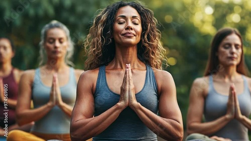 A diverse group of women practicing yoga together in a serene park, each embodying different body types and ages. photo