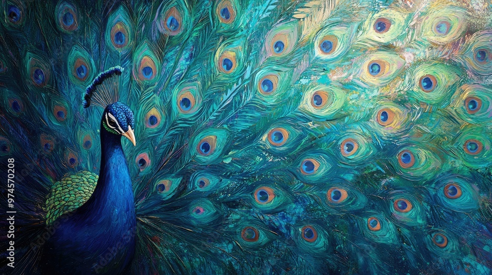 Obraz premium A close-up of a peacocks tail feathers, showcasing the vibrant blues, greens, and purples in a mesmerizing pattern.