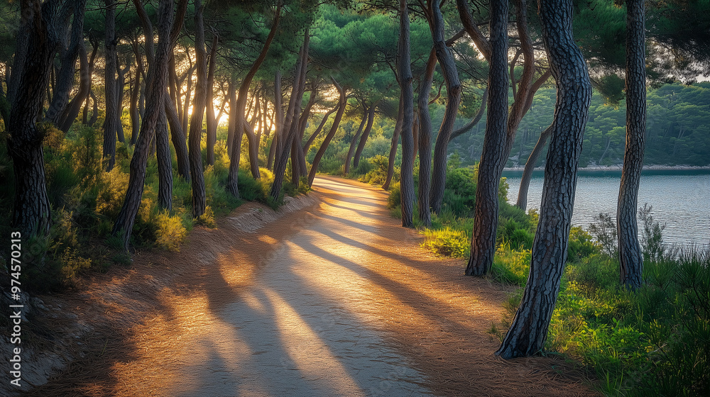 Obraz premium A serene pathway lined with tall pine trees, illuminated by warm glow of setting sun. soft shadows stretch across sandy trail, creating peaceful atmosphere perfect for leisurely stroll.