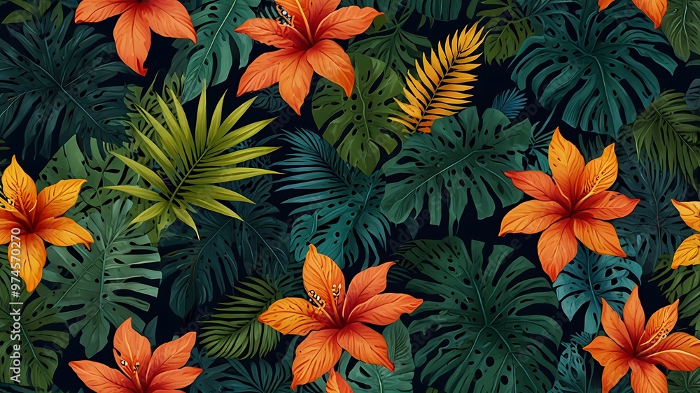 Tropical Floral Pattern with Orange Flowers and Lush Greenery Tropical Floral Pattern with Orange Flowers and Lush Greenery