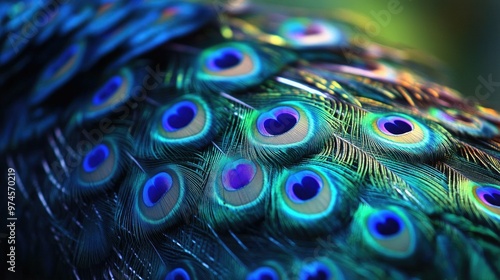 A close-up of a peacocks tail feathers, showcasing the vibrant blues, greens, and purples in a mesmerizing pattern.