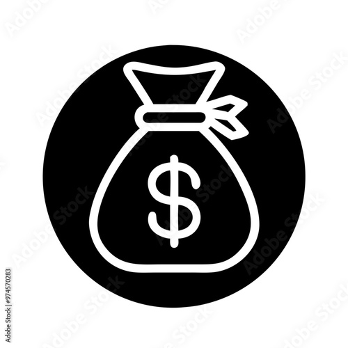 Money bag vector icon on black background, simple design, financial symbol, copy space 