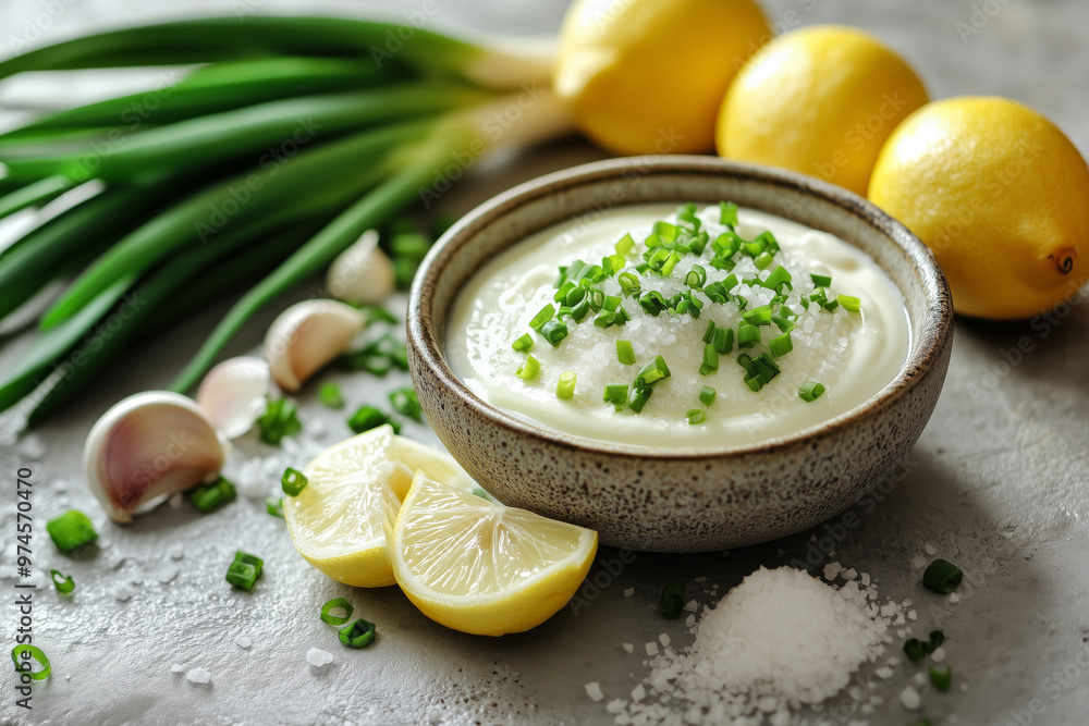 Savoring a creamy yogurt bowl topped with fresh green onions and herbs surrounded by vibrant ingredients Savoring a creamy yogurt bowl topped with fresh green onions and herbs surrounded by vibrant ingredients