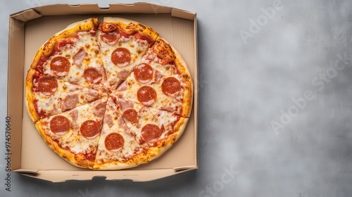 Business concept in minimal of Pizza-themed business meeting, pizza box on table with charts and laptops, fun corporate setting, Copy space for stock photo, no text, no logo, flat design illustration