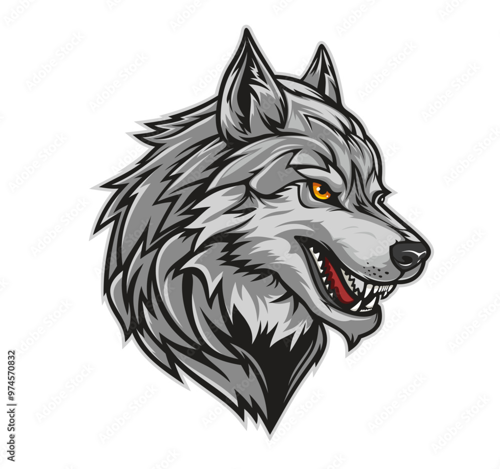 Fototapeta premium Ai generated angry wolf mascot, generative ai fierce and intimidating predatory forest animal head with piercing yellow eyes, exudes strength and power, represents symbol of dominance and fearlessness