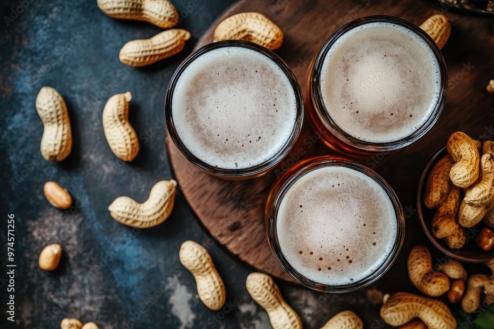 Top view of beer mugs with frothy tops and scattered peanuts on a bar counter Top view of beer mugs with frothy tops and scattered peanuts on a bar counter