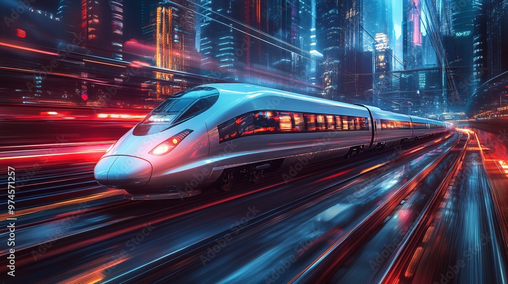 Fototapeta premium Futuristic High-Speed Train Racing Through City with Neon Lights, Copy Space in Sky