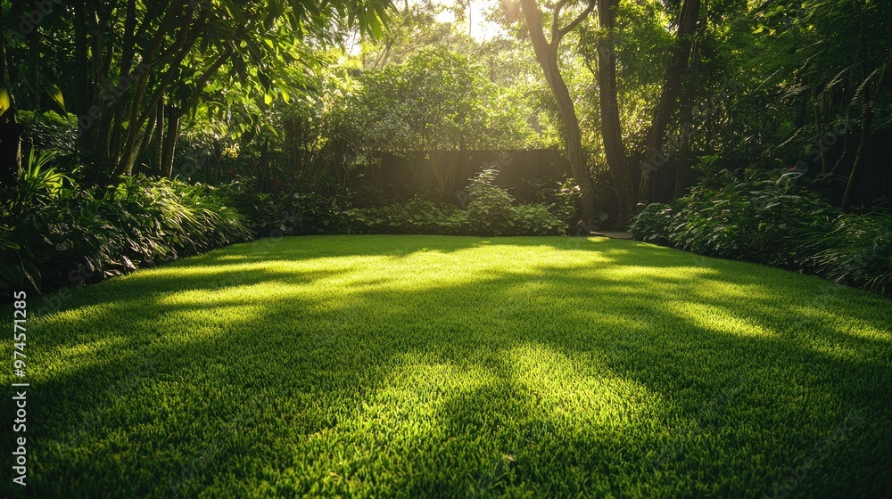 Obraz premium A dense, perfectly maintained green lawn in a backyard setting, with soft sunlight illuminating each blade of grass.