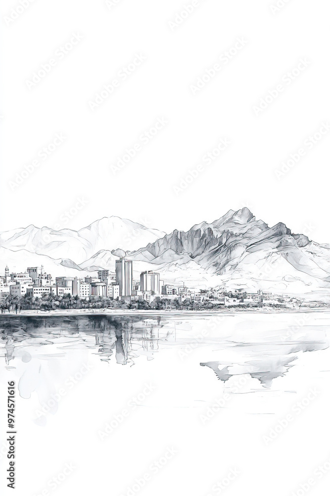 Obraz premium Aqaba, Jordan, black and white pen pencil hand-drawn effect portrait drawing illustration for travel poster, card, wallpaper, backdrop or banner. Modern, clear, artistic and simple