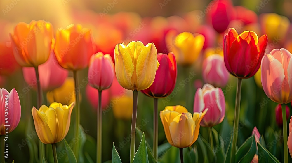 Obraz premium A field of bright tulips in red, yellow, and pink, with the sun casting a warm glow over the vibrant blooms.