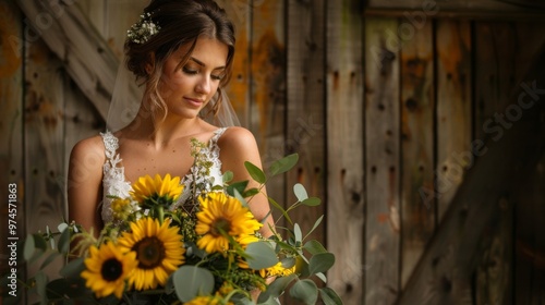 Elegant Bride with Sunflowers in Rustic Setting Captured in Warm Light