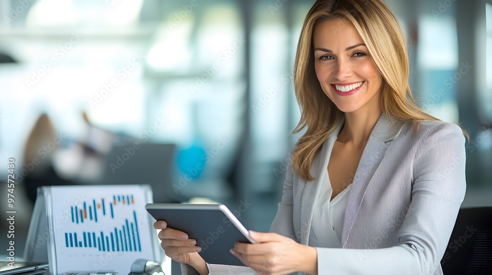 Businesswoman Smiling While Using Tablet in Office Businesswoman Smiling While Using Tablet in Office