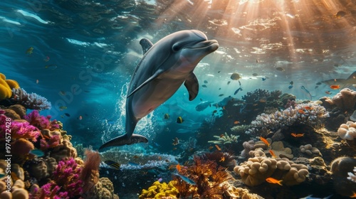 A dolphin swims gracefully through vibrant coral reefs in stunning underwater scenery filled with colorful marine life.