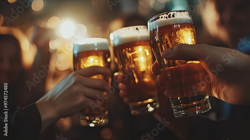 A group of colleagues celebrating with pints of beer, raising their glasses in cheers during an after-work happy hour.