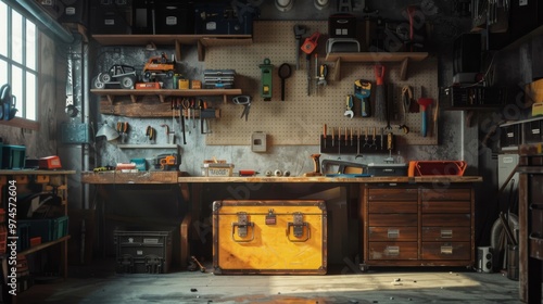 A well-organized workshop with tools, shelves, and a bright yellow storage box. Perfect for DIY projects and home improvement tasks.