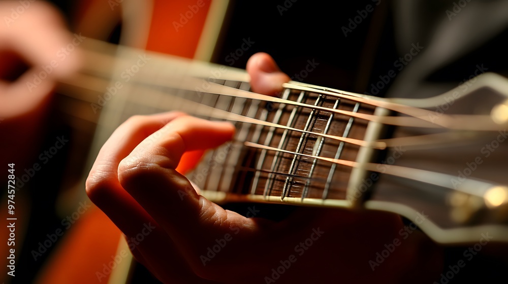 Obraz premium Musician’s Hand Playing a Guitar: A musician's hand strumming a guitar, with focus on the strings and hand movements.