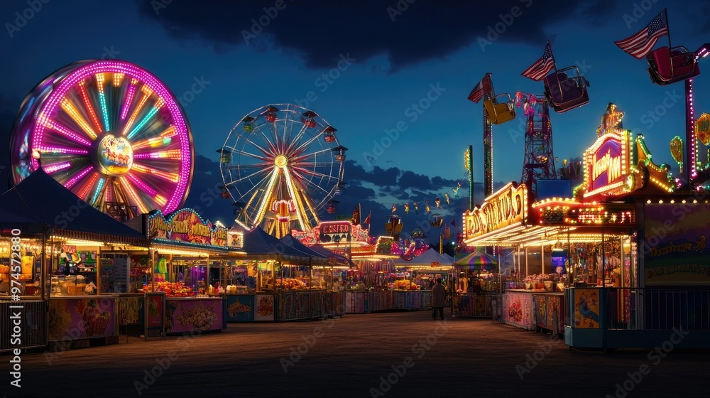 A lively carnival scene with colorful rides, games, and food stands lit up against a deep blue sky at twilight. A lively carnival scene with colorful rides, games, and food stands lit up against a deep blue sky at twilight.