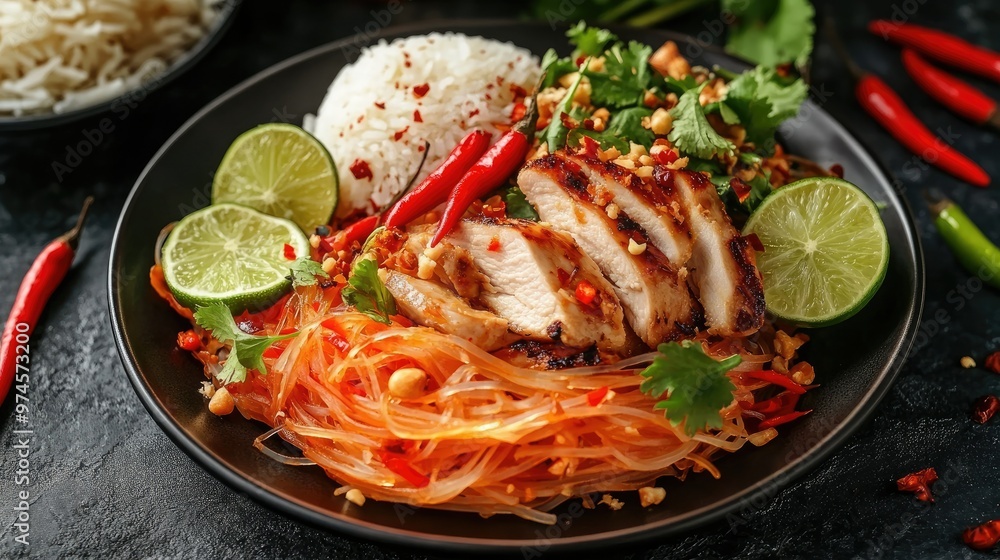 A plate of spicy Thai papaya salad (som tum) served with sticky rice and grilled chicken, with chili peppers and lime as garnish. A plate of spicy Thai papaya salad (som tum) served with sticky rice and grilled chicken, with chili peppers and lime as garnish.