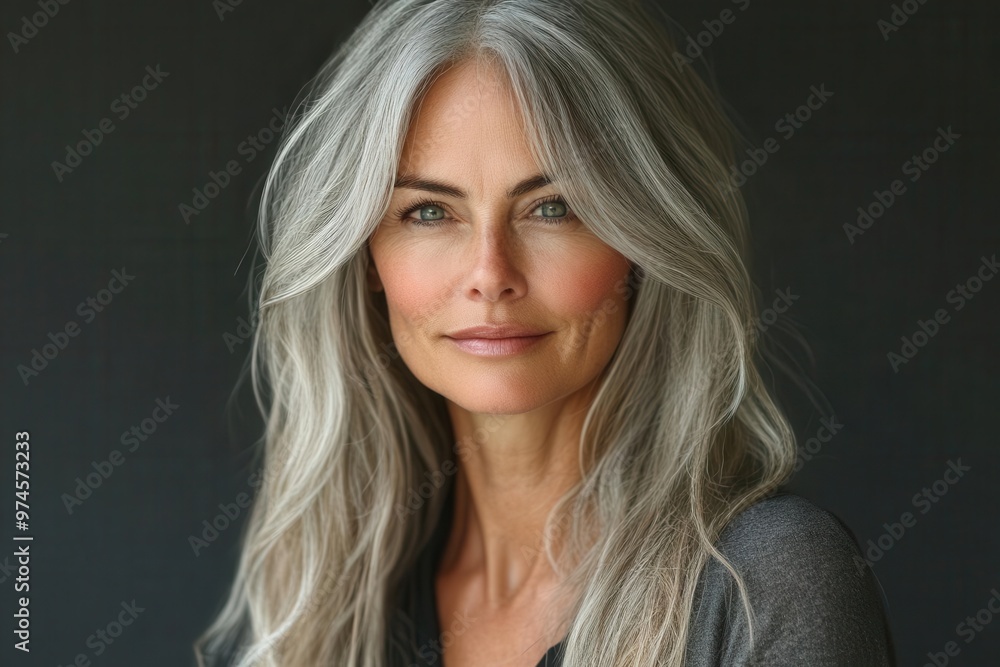 Naklejka premium elegant mature woman long gray hair radiant skin touching face confident smile agepositive beauty concept soft flattering light