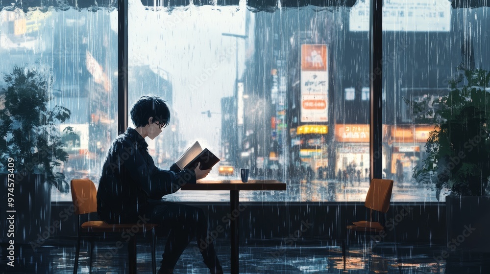 Anime boy Reading in Modern Cafe Anime boy Reading in Modern Cafe