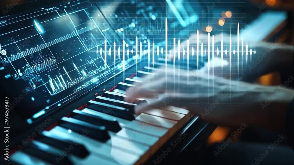 A detailed shot of fingers playing a digital piano keyboard, with virtual sheet music displayed on a nearby screen, blending music and technology. A detailed shot of fingers playing a digital piano keyboard, with virtual sheet music displayed on a nearby screen, blending music and technology.