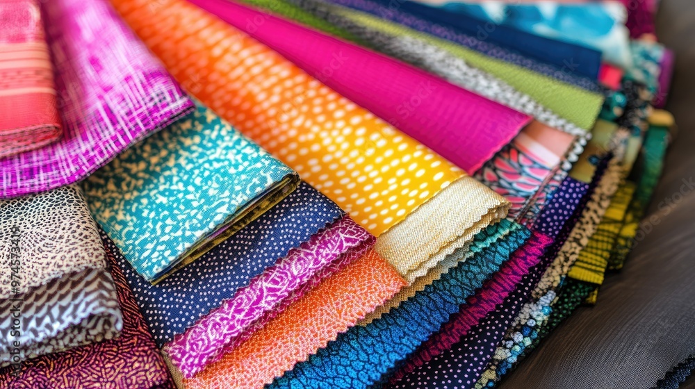 A rainbow of fabric swatches fanned out on a table, featuring bright, bold colors in various textures and patterns. A rainbow of fabric swatches fanned out on a table, featuring bright, bold colors in various textures and patterns.