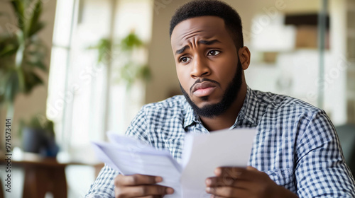 Man sitting at desk with concerned expression, holding stack of papers symbolizing financial stress and national debt, emphasizing personal and economic challenges.