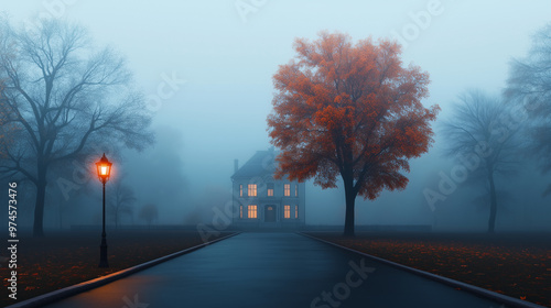 A serene foggy scene featuring house surrounded by trees, with striking orange tree and glowing street lamp illuminating path.