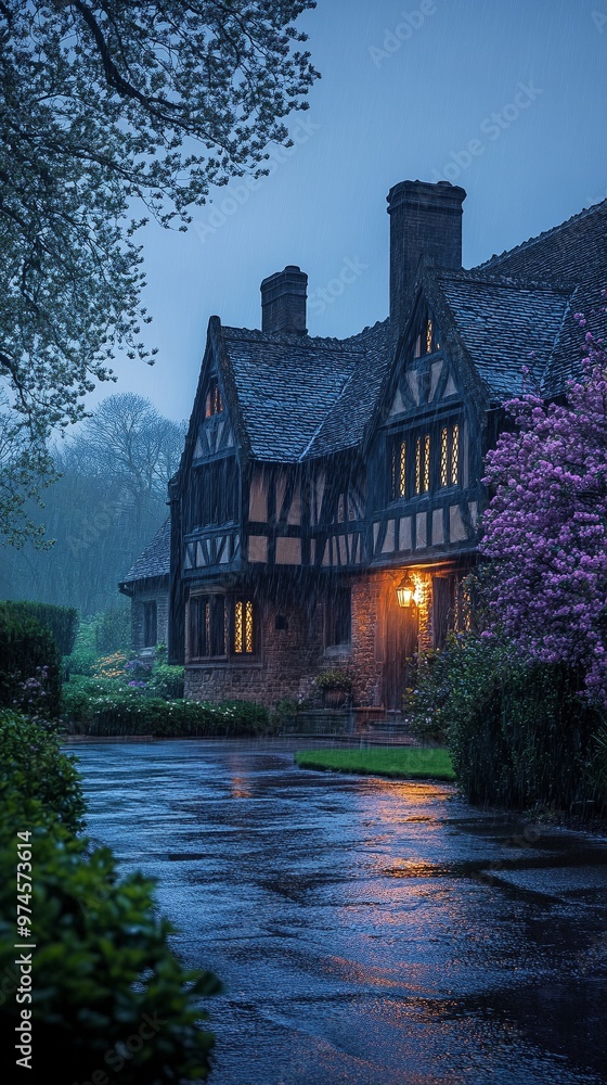 Casa Tudor iluminada durante una noche lluviosa con reflejos en el camino mojado Casa Tudor iluminada durante una noche lluviosa con reflejos en el camino mojado