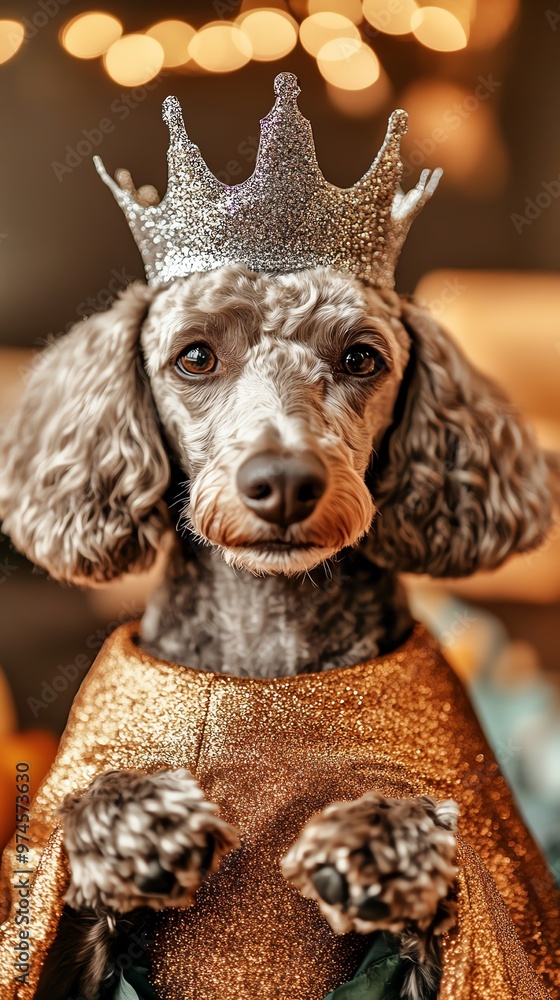 Naklejka premium A royal dog wearing a crown and shimmering outfit, radiating charm and elegance in a cozy setting.
