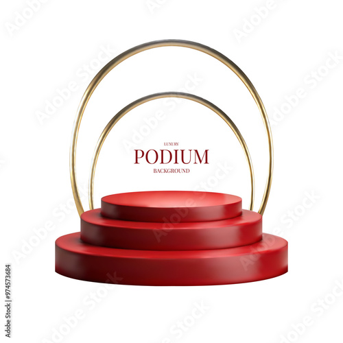 Vector 3d realistic red golden podium sale stand pedestal with gold confetti arches shiny red bottom. Luxury award ceremony. Black friday sale, cyber monday