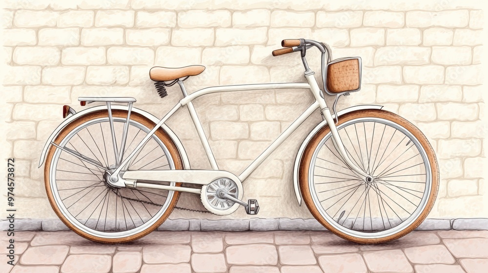 A drawing of a white bicycle parked against the side wall, AI A drawing of a white bicycle parked against the side wall, AI