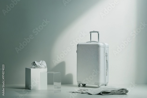 A minimalist scene featuring a white suitcase, draped fabric, and geometric shapes.