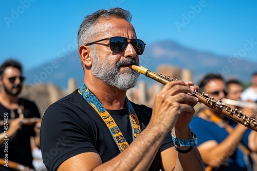 Pompeii Festival musicians playing Ancient Instruments, recreating the sounds of Roman times